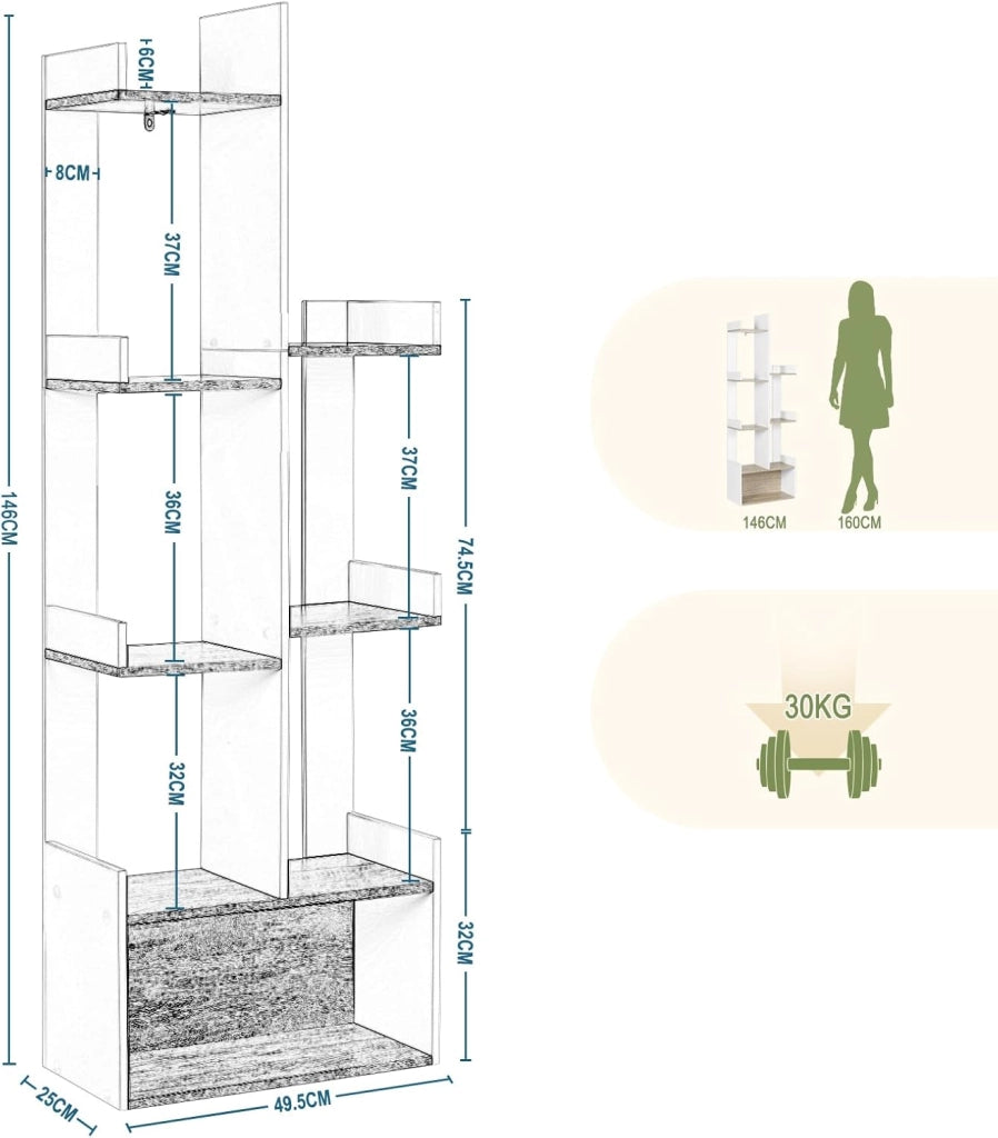 Libreria Verticale Autoportante, Libreria Angolare ad Albero, Porta Libri con 7 Ripiani e 1 Scomparto Aperto, in Truciolare, Bianco e Rovere Chiaro, 49x25x146cm