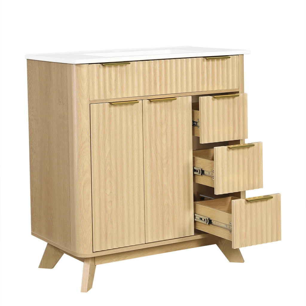 Mobile da bagno con 3 cassetti e 2 ante; lavabo in ceramica - per bagno - 81x47x90 cm - naturale