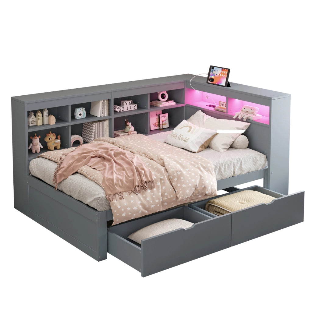 Letto 90x200 cm con contenitori; USB e LED in legno grigio