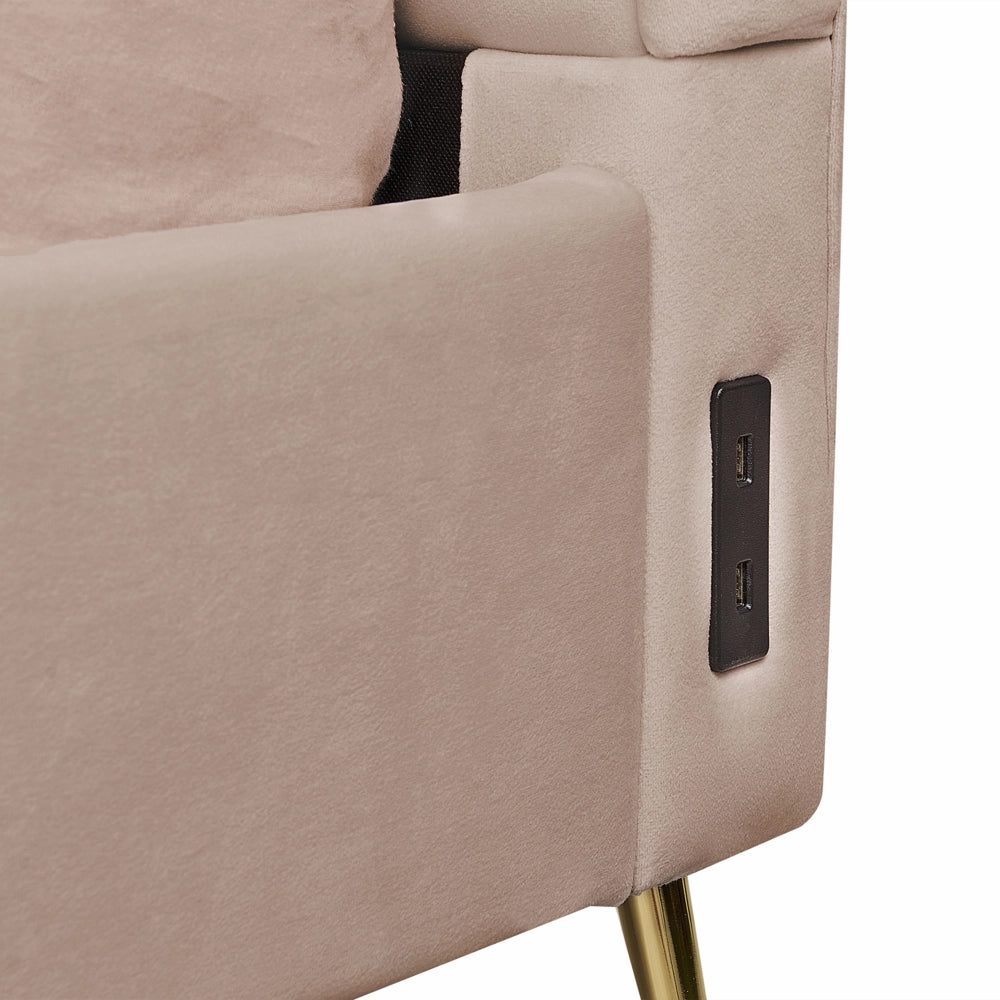 Letto in velluto beige tortora rivestito con gambe in metallo dorato UE Dimensioni doppie 140 x 200 cm con testata con porta USB Camera da letto moderna e glam.