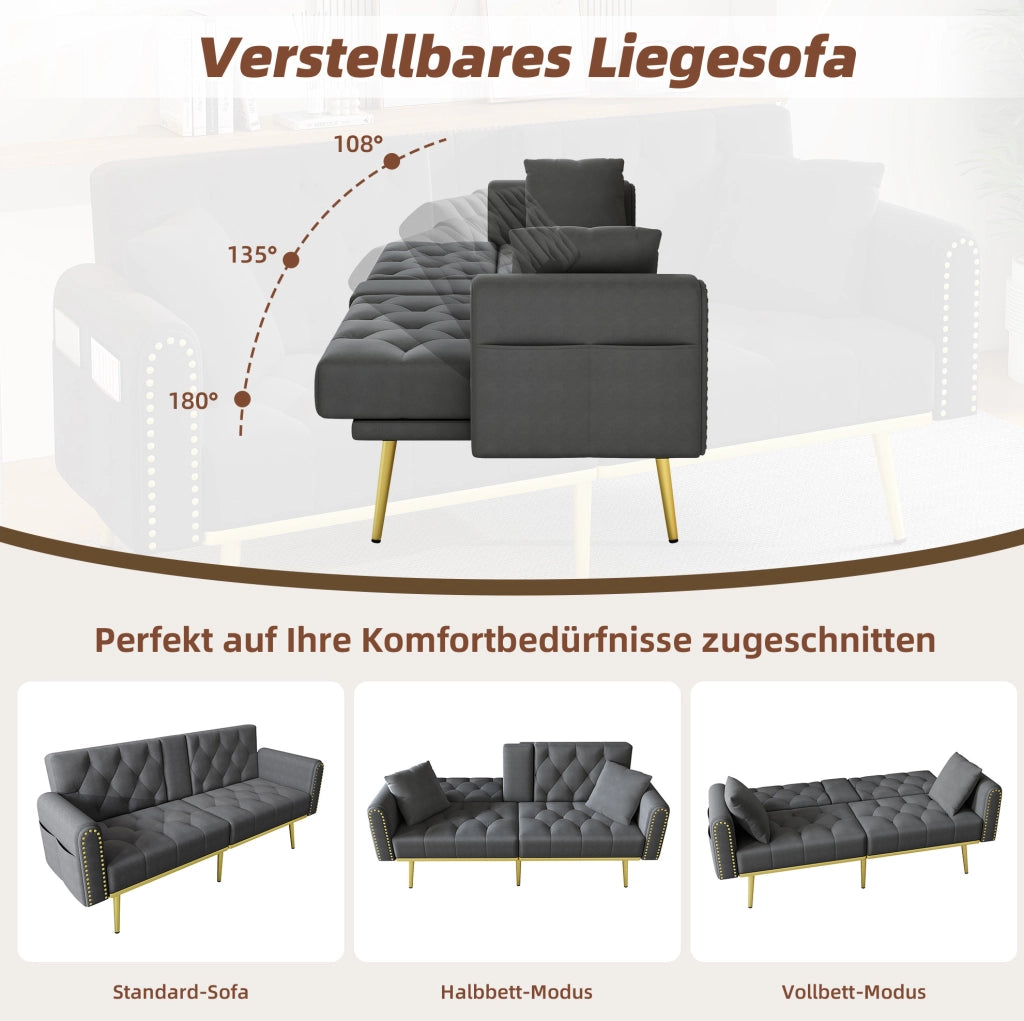 Divano letto 2 posti 175x80 cm in velluto grigio con schienale reclinabile