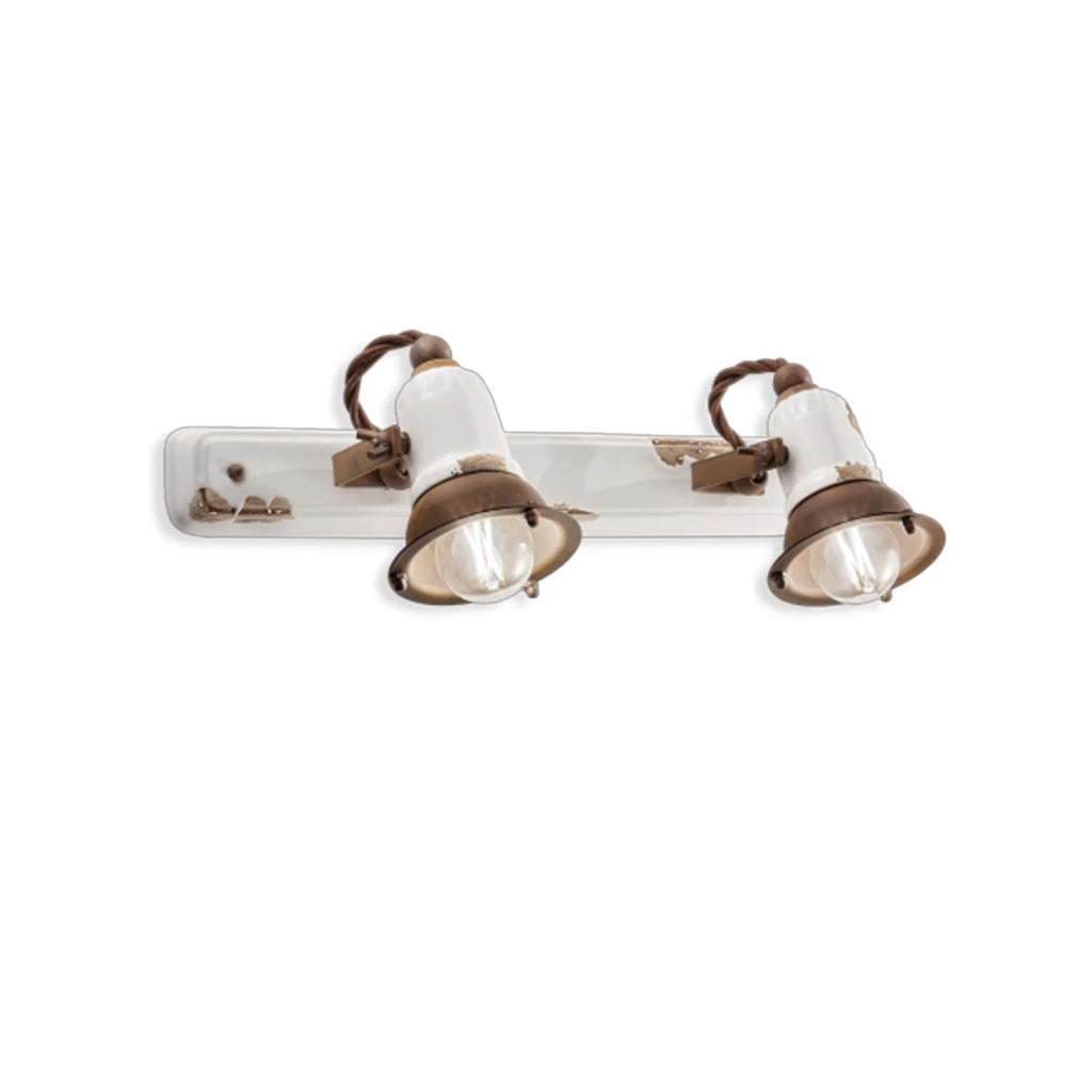Applique Vintage Loft Ferro E Ceramica Bianco 2 Luci E14
