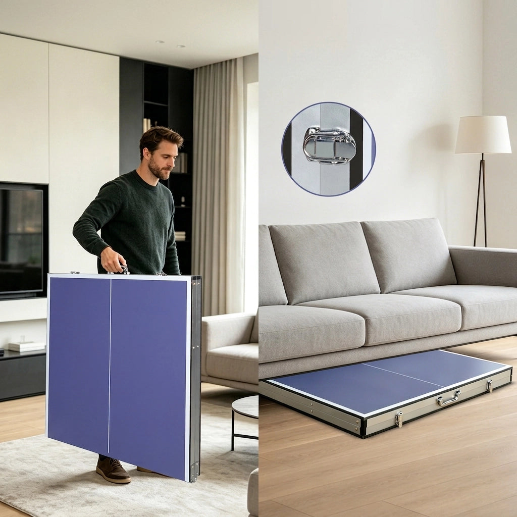 Tavolo da Ping Pong Pieghevole 182×91×76;2 cm 6 FT con Rete; 2 Racchette e 3 Palline; Portatile Blu