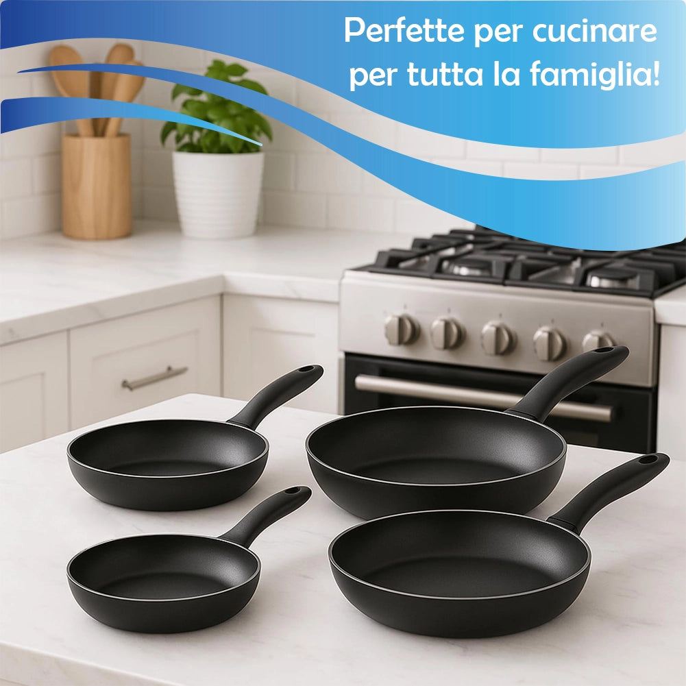 Set 4 Padelle Vulcano 16-20-24-28 cm Fornello Gas Antiaderente Manici Soft Touch