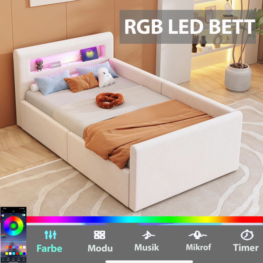 Letto 90x200 cm - Letto imbottito,Con luce notturna,Porta di ricarica USB,Con vani portaoggetti,Velluto,Funzione di accumulo idraulico,Beige