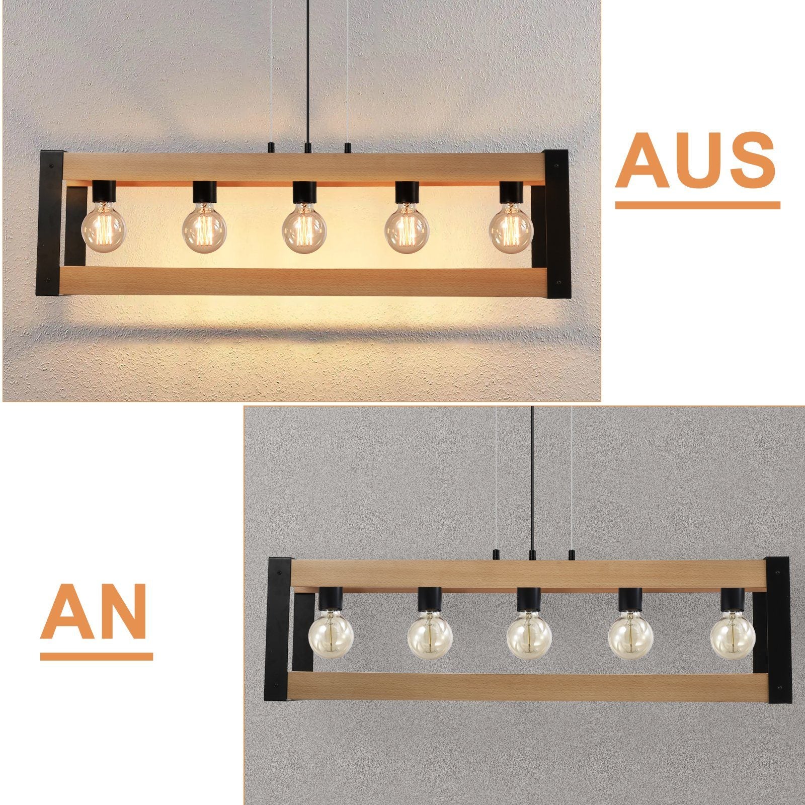Lampada a sospensione ZMH 5 Luci in Legno ZMH Metallo Vintage Nero E27