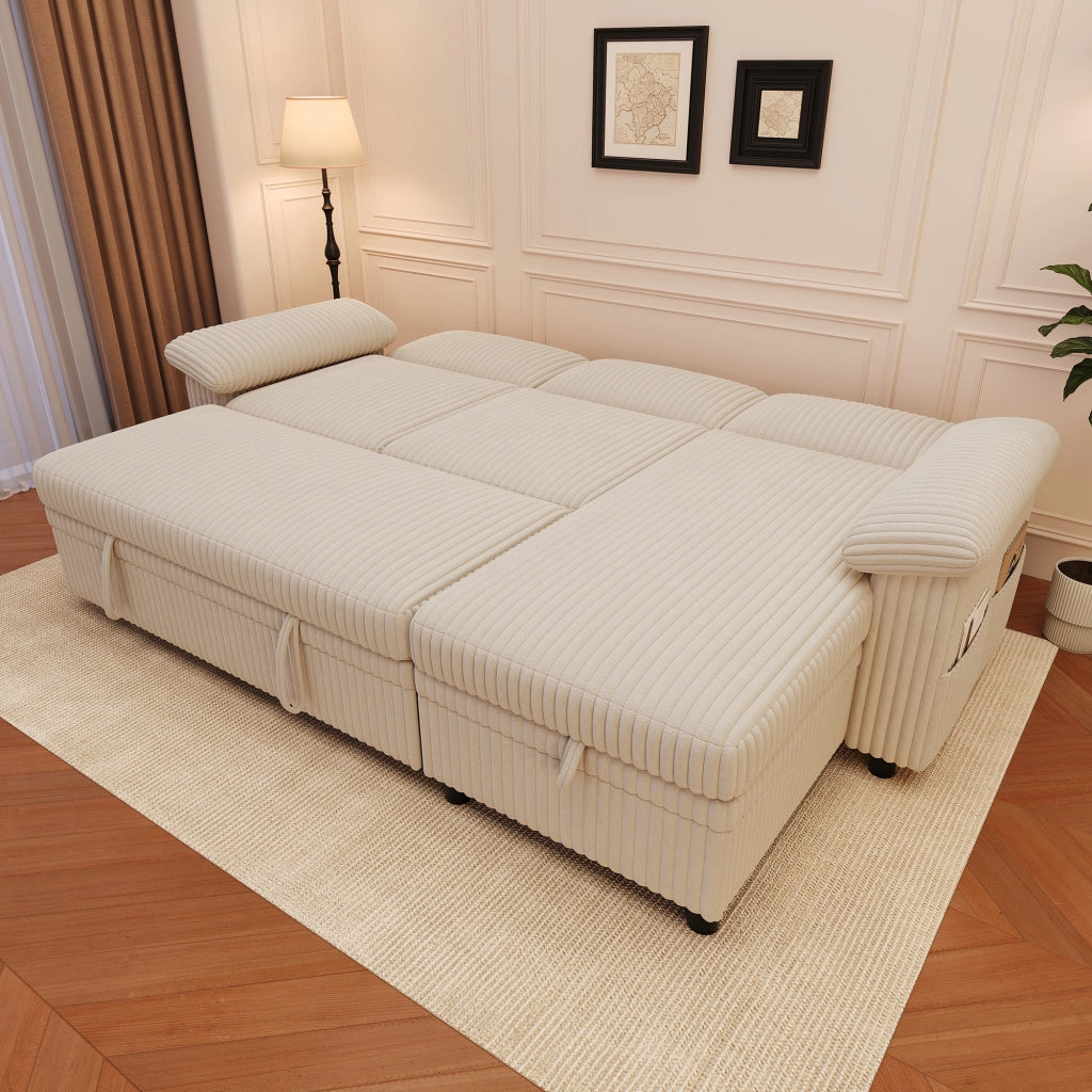 Divano angolare a L con letto estraibile e chaise longue reversibile; beige