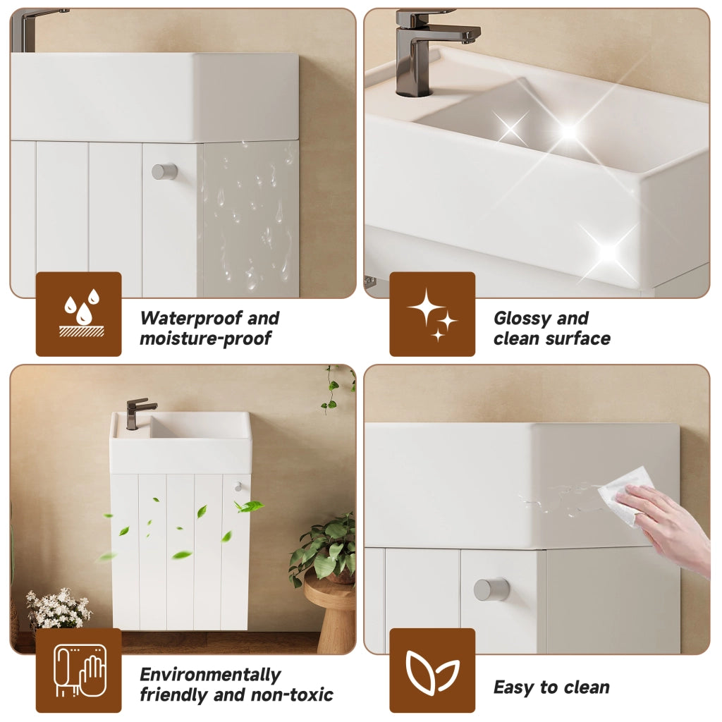 Mobile sottolavabo sospeso da bagno con 1 anta e chiusura soft-close, in MDF e ceramica, bianco, 41 × 23 × 62,5 cm