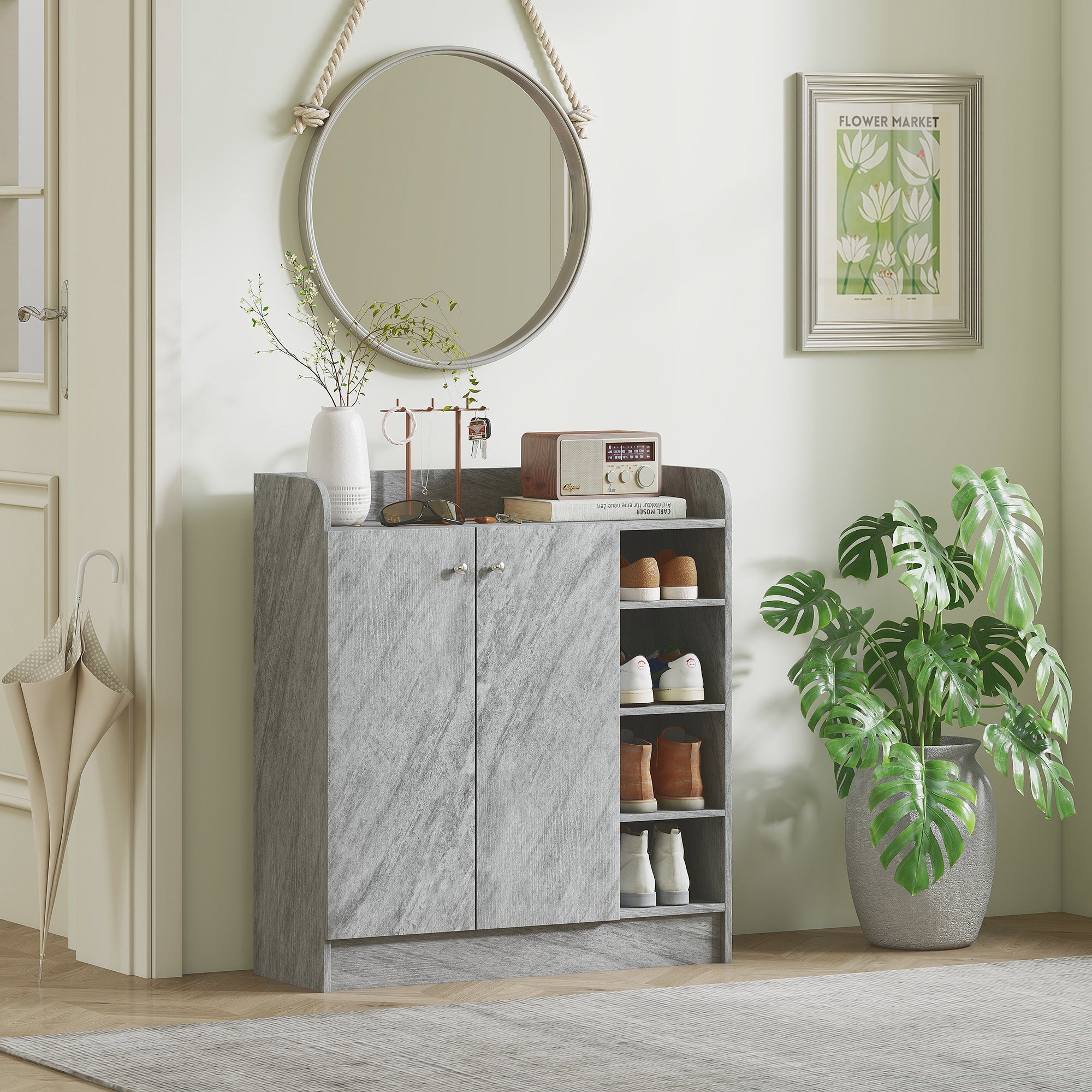 Scarpiera Moderna 83x30x90 cm con 4 Ripiani Aperti e Armadietto per 12 Paia in Legno Grigio Cemento