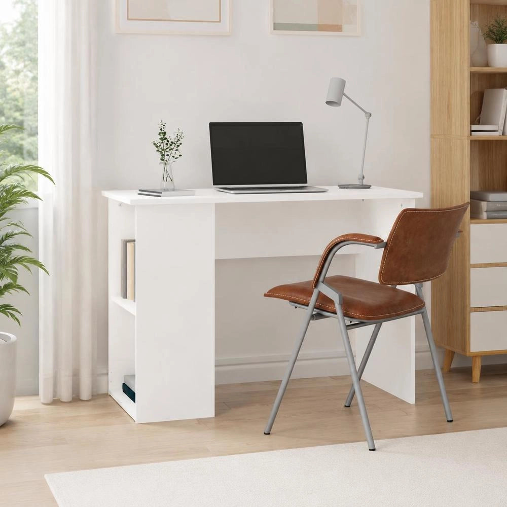 Modern White Computer Desk With Double Storage Shelves, Engineered Wood Writing Table For Home Office Study, 100x55x75 Cm