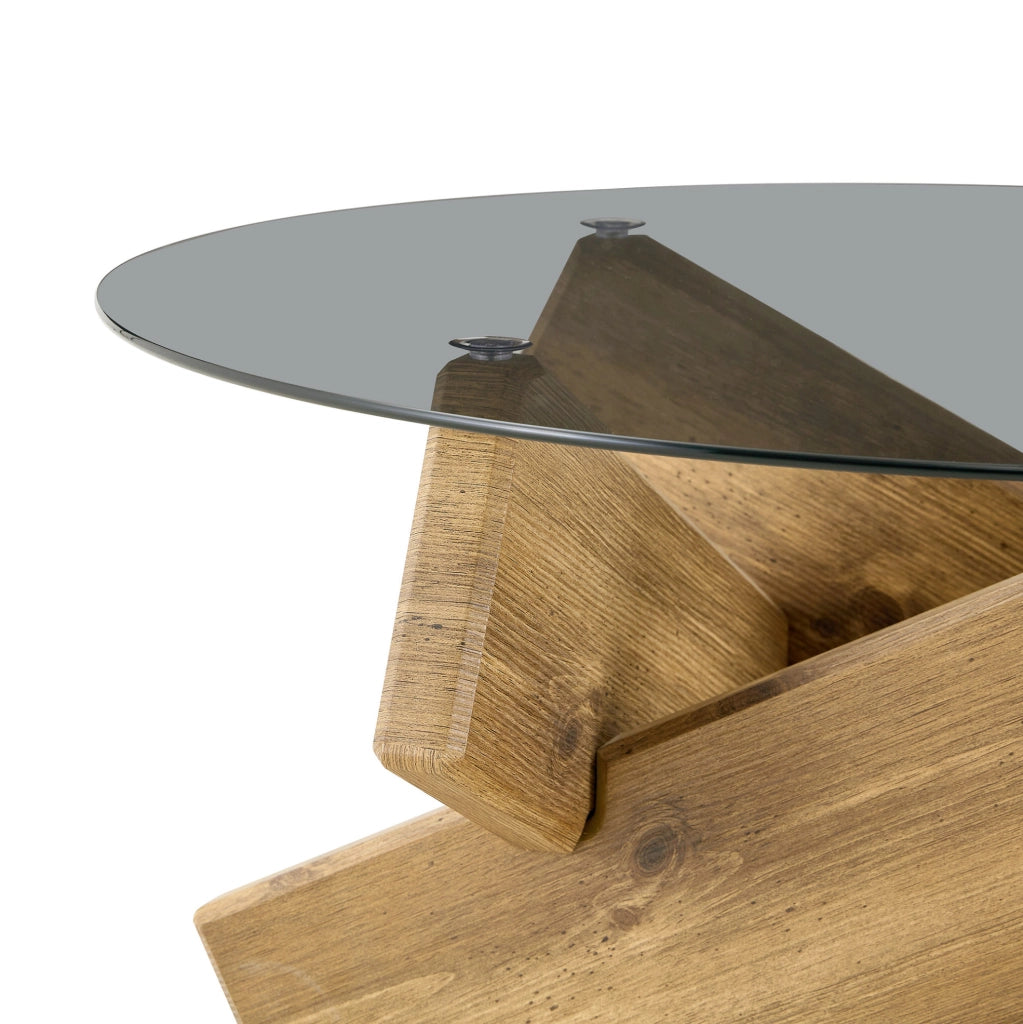Tavolino rotondo 88.5x88.5x12.5 cm con piano in vetro temperato; base geometrica in MDF naturale