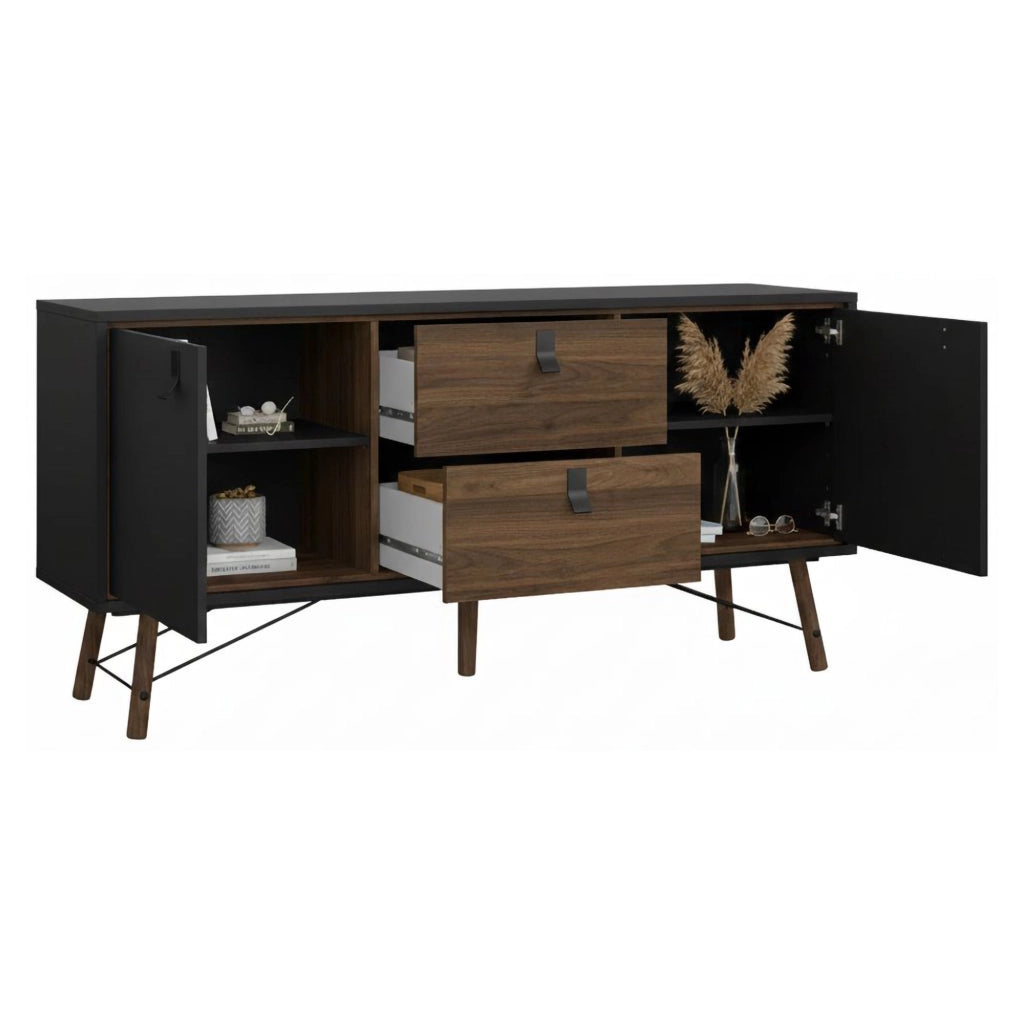 Credenza Manyi, Buffet da soggiorno, Madia da salotto, Dispensa da cucina, 150x40 h72 cm, Nero e Noce
