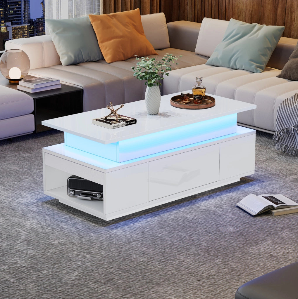 Tavolino da salotto elevabile con vano contenitore, cassetto e luce LED