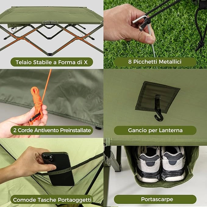 Tenda da Campeggio per 2 Persone, Tenda Impermeabile e Pieghevole con Tenda Pop-up, Letto da Campeggio, Borsa con Ruote, Telo Antipioggia, 2 Porte a Rete e Finestre per Spiaggia e Campeggio