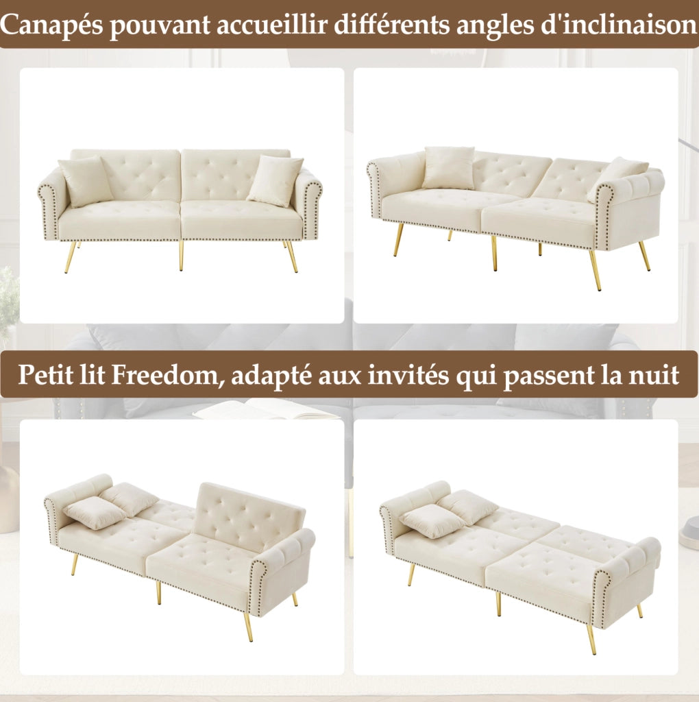 Divano letto 2 posti in velluto beige con schienale regolabile; 173x75x70 cm