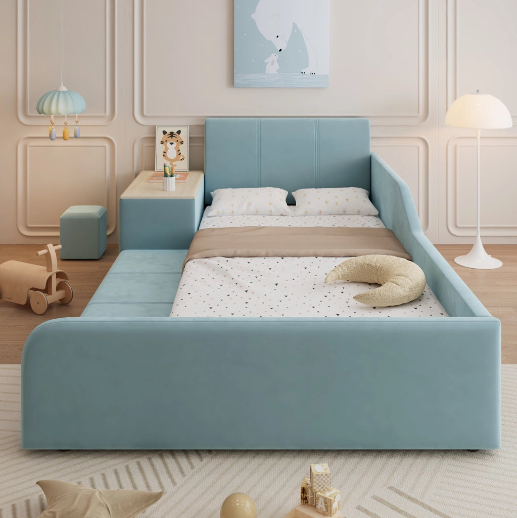 Letto singolo imbottito ULEVR 90x200 cm con scrivania laterale, sgabello e vano contenitore, velluto blu