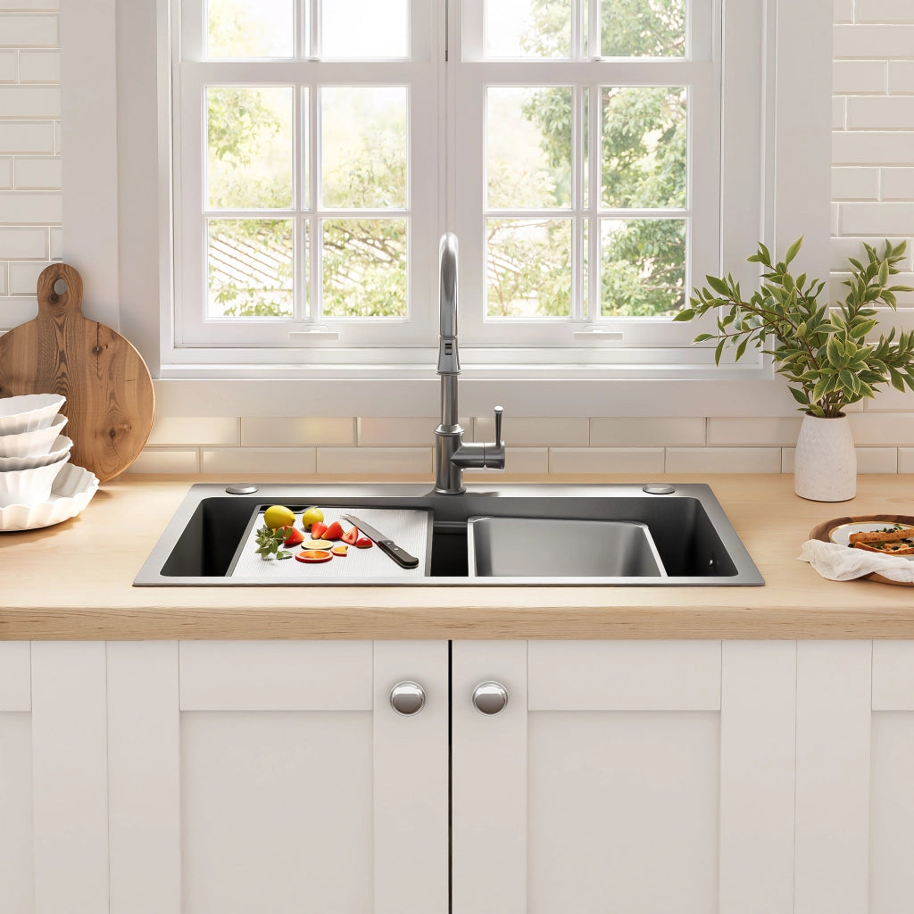 Lavello da cucina da incasso in acciaio inox PVD 75x45 cm con tagliere e doppio filtro