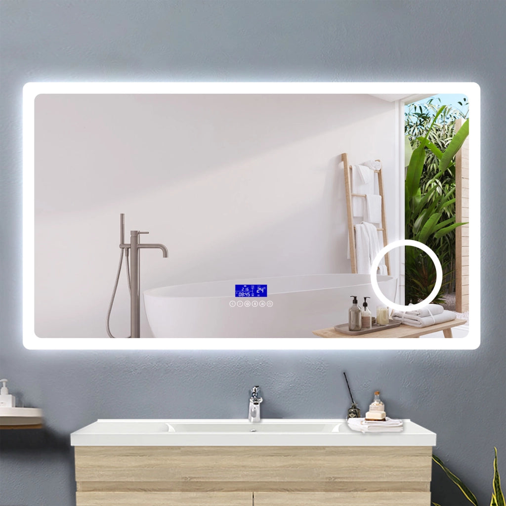 AICA IT Specchio Bagno Rettangolare Da LED 140×80cm, Antiappannamento, Bluetooth, 3 Temperature Colore,Ingrandimento 3x