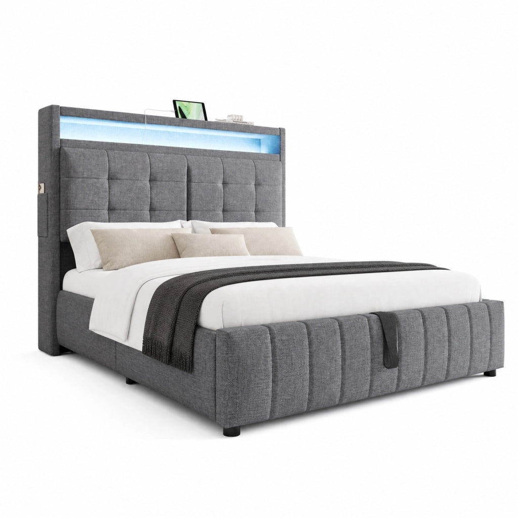 Letto matrimoniale imbottito 140x200 cm in tessuto effetto lino grigio con LED; USB e contenitore