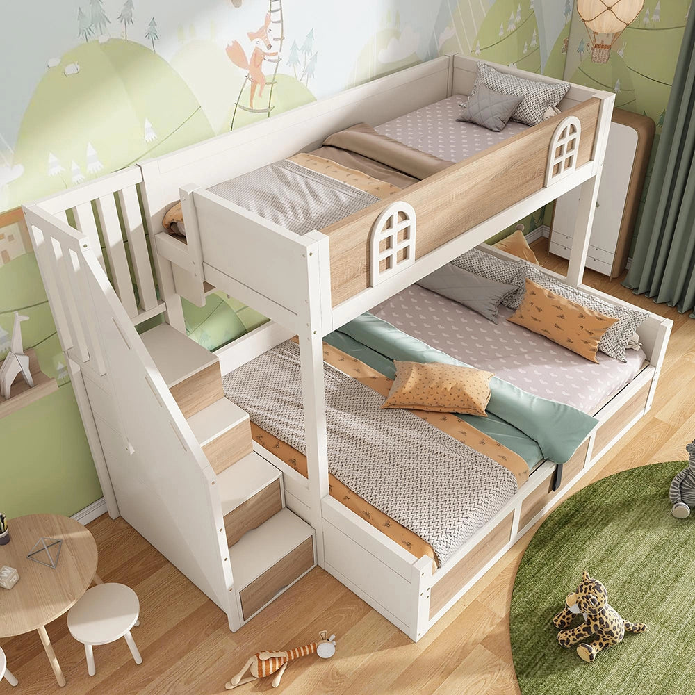 Letto a castello per bambini con spazio di archiviazione - Xylo - 90x200 e 140x200 cm, bianco naturale, sicuro