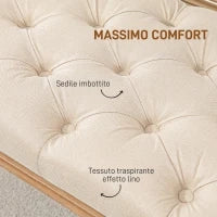 Panca Fondoletto Imbottita con Seduta Trapuntata a Bottoni in Tessuto e Legno, 120x41x48cm, Crema