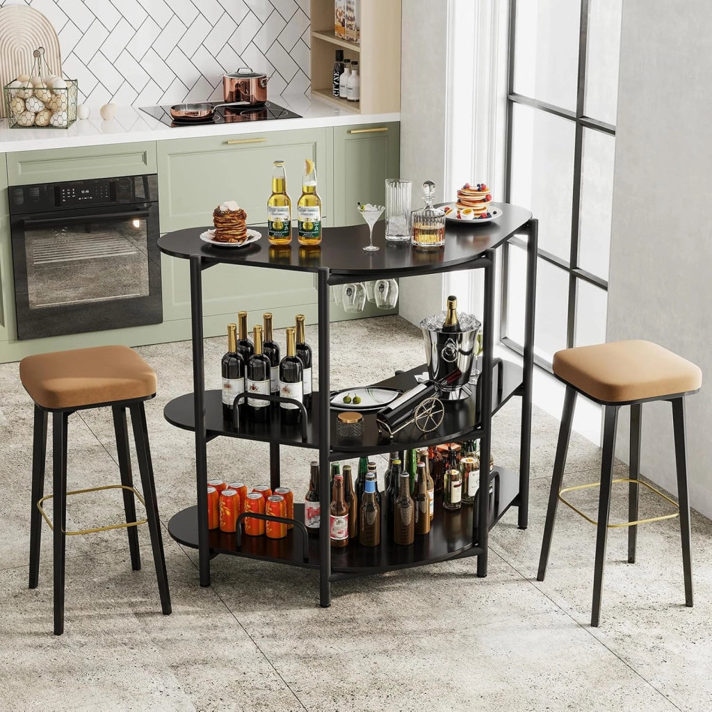 Tavolo da Bar 120 x 66 x 102 cm, Portabottiglie Vino a 3 Ripiani con Portabicchieri e Mensole di Stoccaggio, Isola Cucina Industriale per Bistro (Nero)