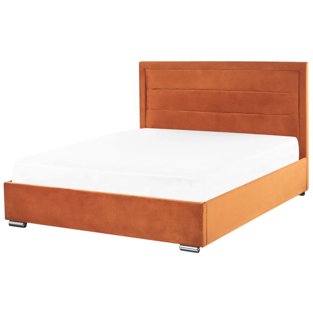 Letto contenitore tappezzeria in velluto arancione Super King Size 180 x 200 cm dal design moderno imbottito con testiera ottomana