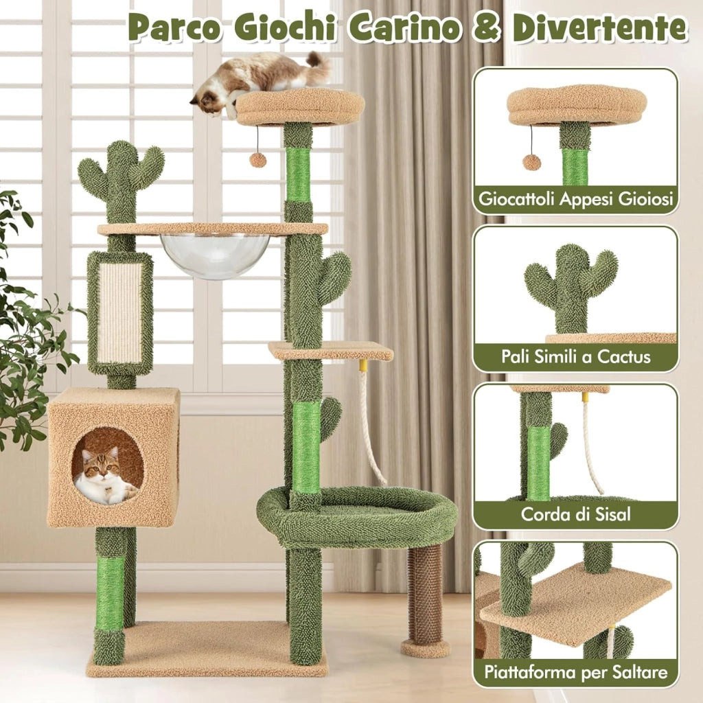 Tiragraffi per Gatti 150 cm, Torre di Gatti Multilivello con Pali per Graffio in Sisal e Giocattolo Pendente, Centro Attività per Gatti a Forma di Cactus da Interno