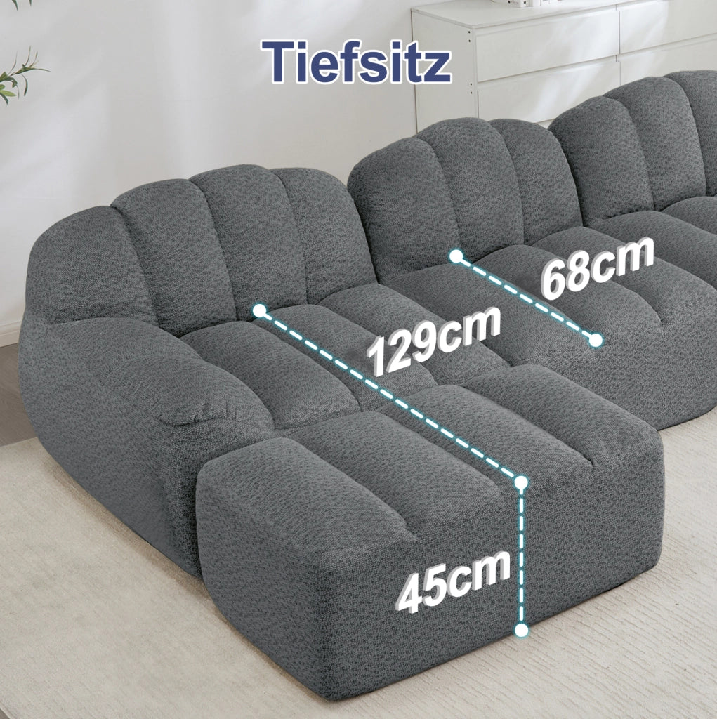 Divano modulare angolare 3 posti con ottomana; senza struttura; in fleece granulare grigio