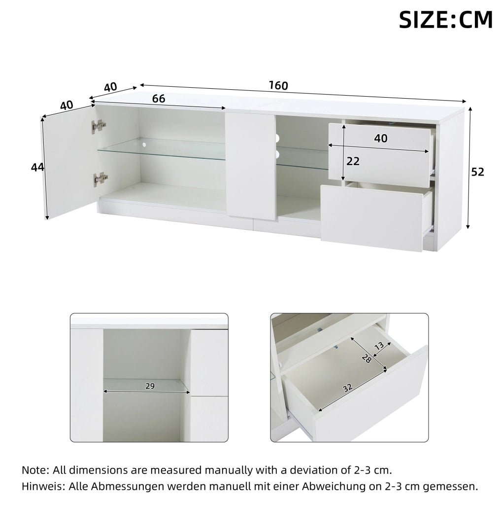 Mobile TV 160x40x52 cm con LED; 2 cassetti e anta; MDF bianco
