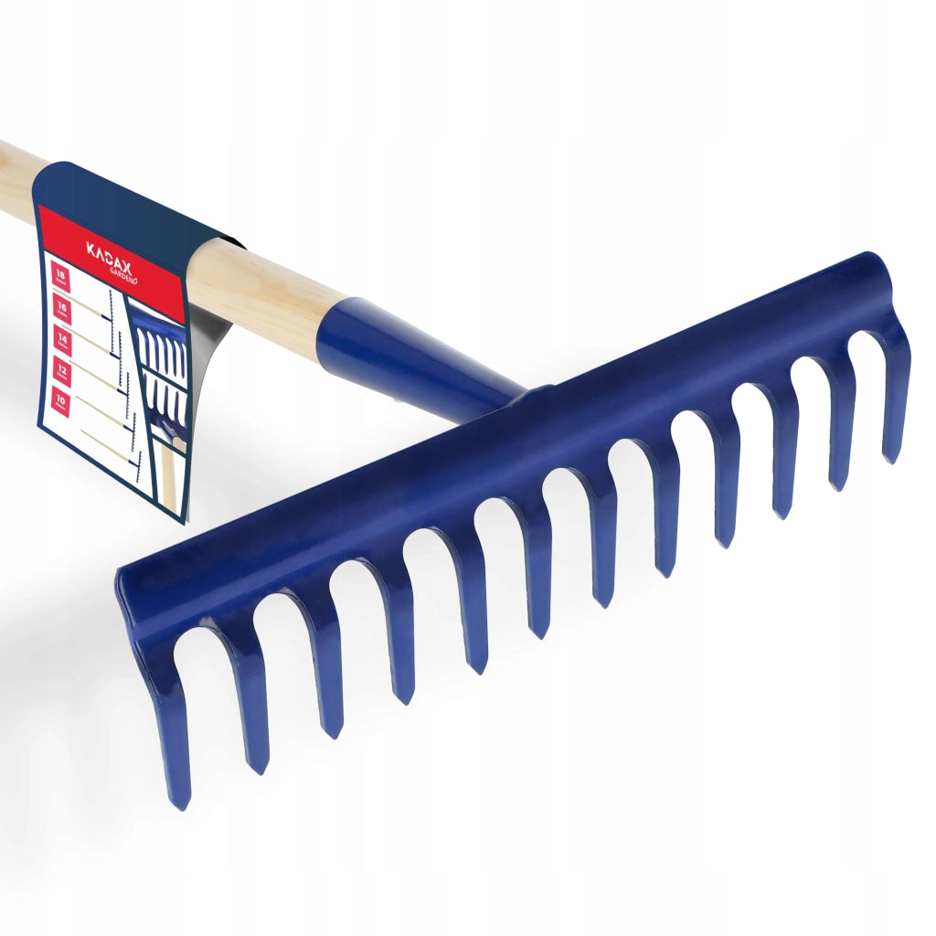 Rastrello da giardino KADAX con manico in legno, 140 cm, in acciaio temprato, a 12 denti