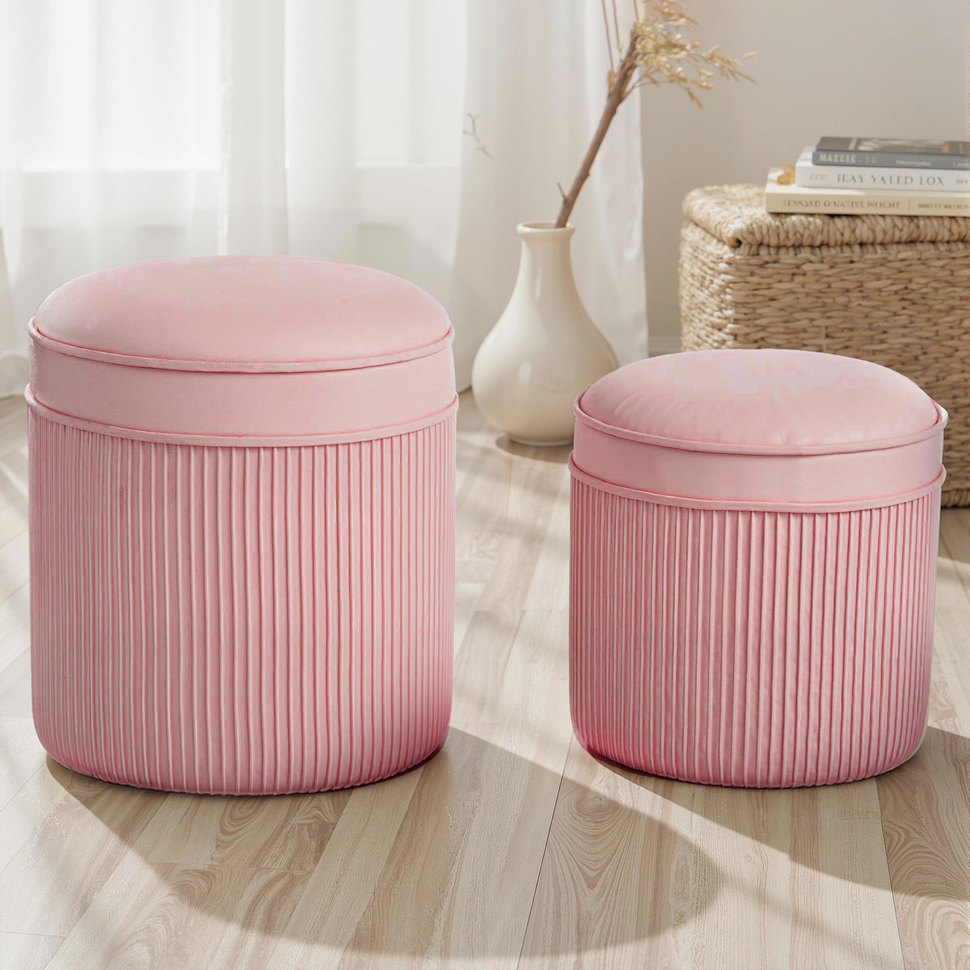 Set 2 Pouf Poggiapiedi Rotondi Impilabili Contenitore da 34.8L Imbottiti con Rivestimento in Velluto Rosa