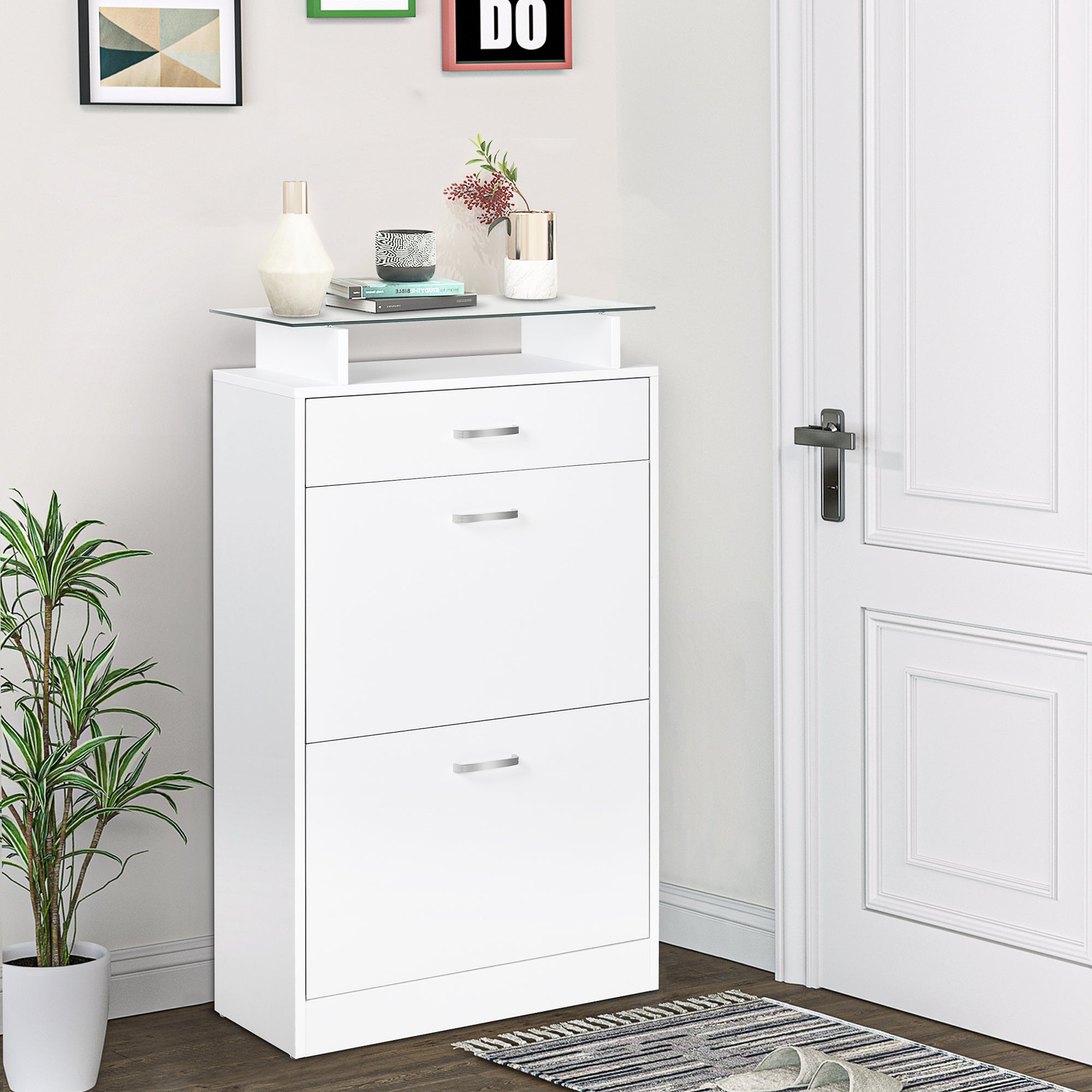 Mobile Scarpiera 2 Ante a Ribalta 1 Cassetto 1 Mensola in Vetro in Legno Bianco