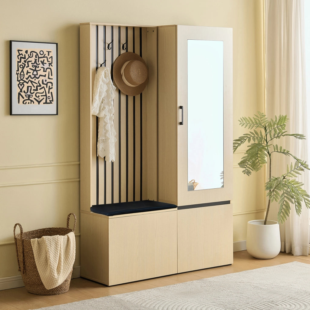 Mobile ingresso con specchio; panca; 4 ganci e ripiani - per ingresso - in MDF - legno