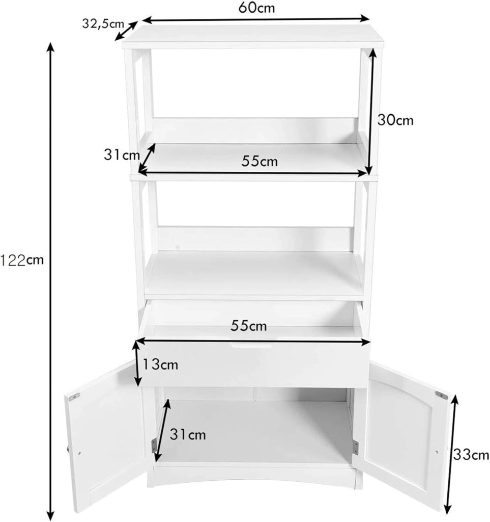 Armadietto del bagno con cassetto e mensola, armadio con 2 mensole aperte e 2 ante, armadietto per cucina, ingresso, salone e camera da letto, armadietto in legno (Bianco)