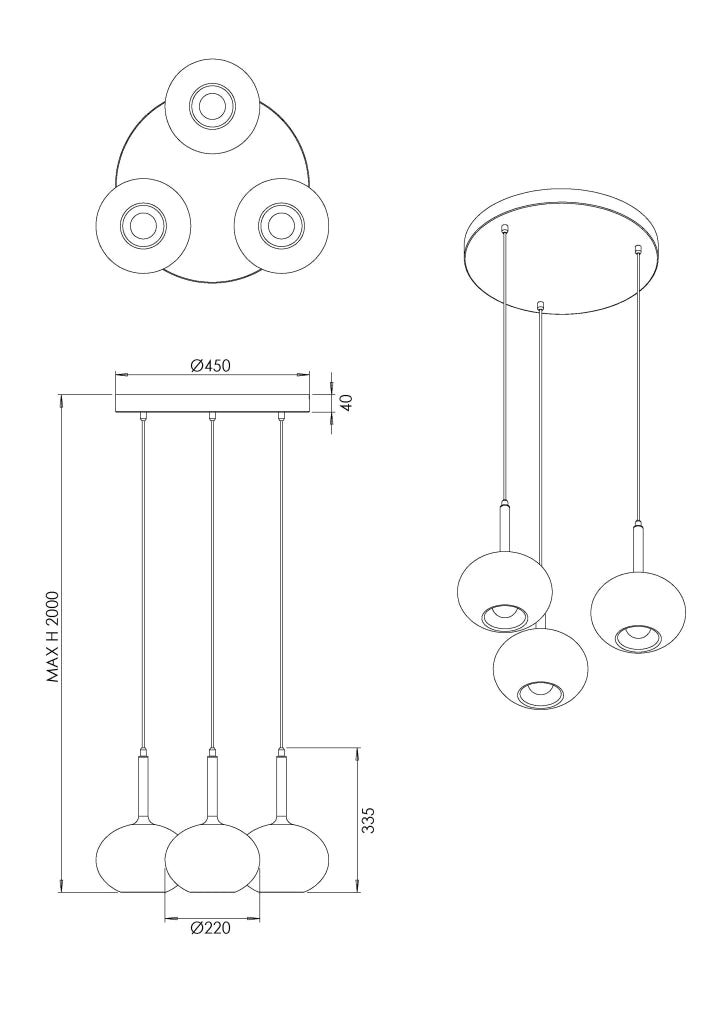 Lampada a Sospensione Edolo Ø450mm in metallo e vetro borosilicato Ambra, 3x E27 40W, IP20, Classe 1 - Design Moderno per Interni