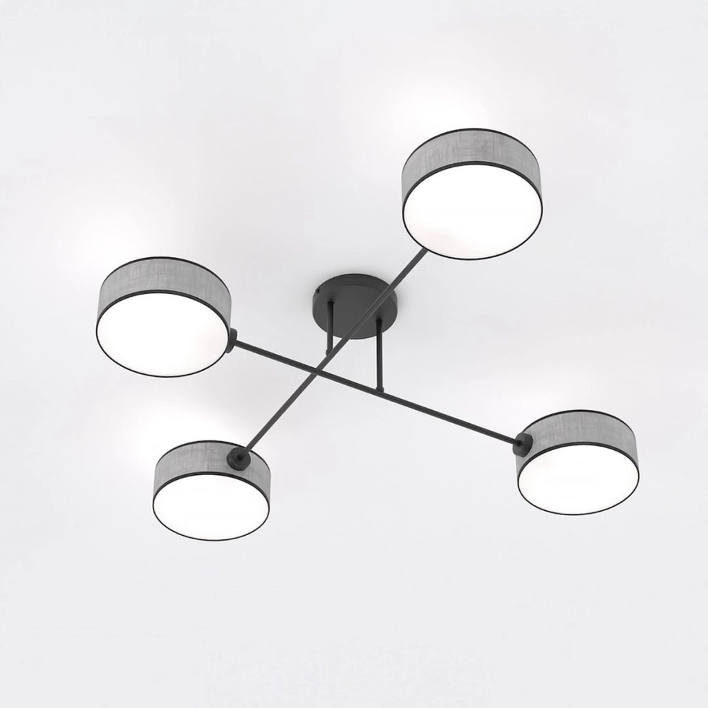 Lampada a sospensione Maga a quattro luci in metallo nero e tessuto grigio