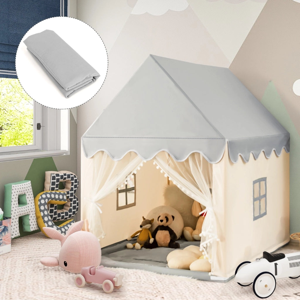 Casetta con tenda struttura in legno e tappetino di cotone, Casa con tenda porta e finestra per bambini Beige-Tende e Casette per bambini