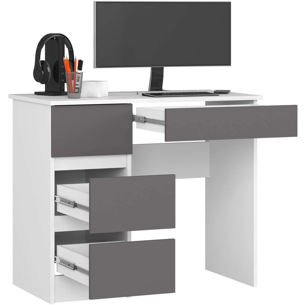 Scrivania per computer AKORD A7 Bianco 90 cm 4 cassetti inserto frontale Grigio Grafite 90x50x77 cm Modello a sinistra