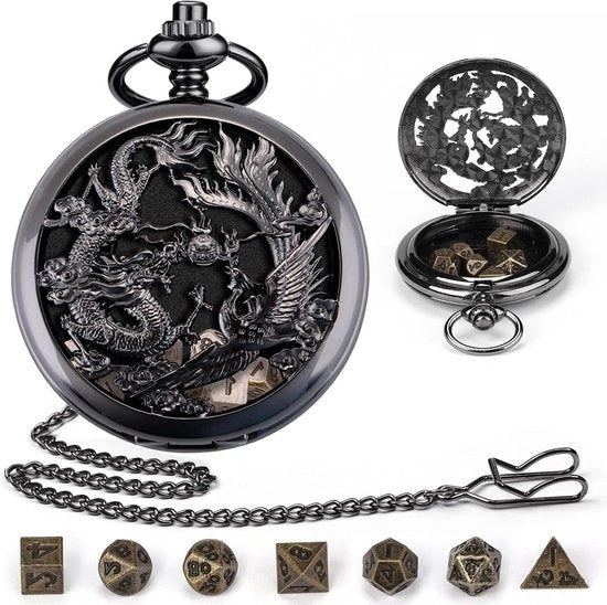Set di abilità per orologi da tasca in metallo poliedrico a 7 parti, set di cubi per giochi di ruolo in metallo poliedrico, nero
