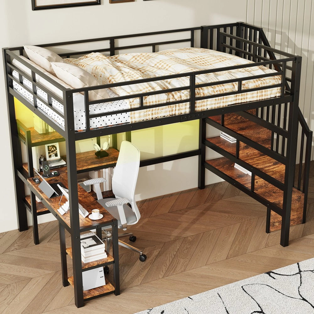 Letto a Soppalco con Scrivania, Cassetti, LED e USB ¨C Xylo ¨C Metallo Nero 140x200