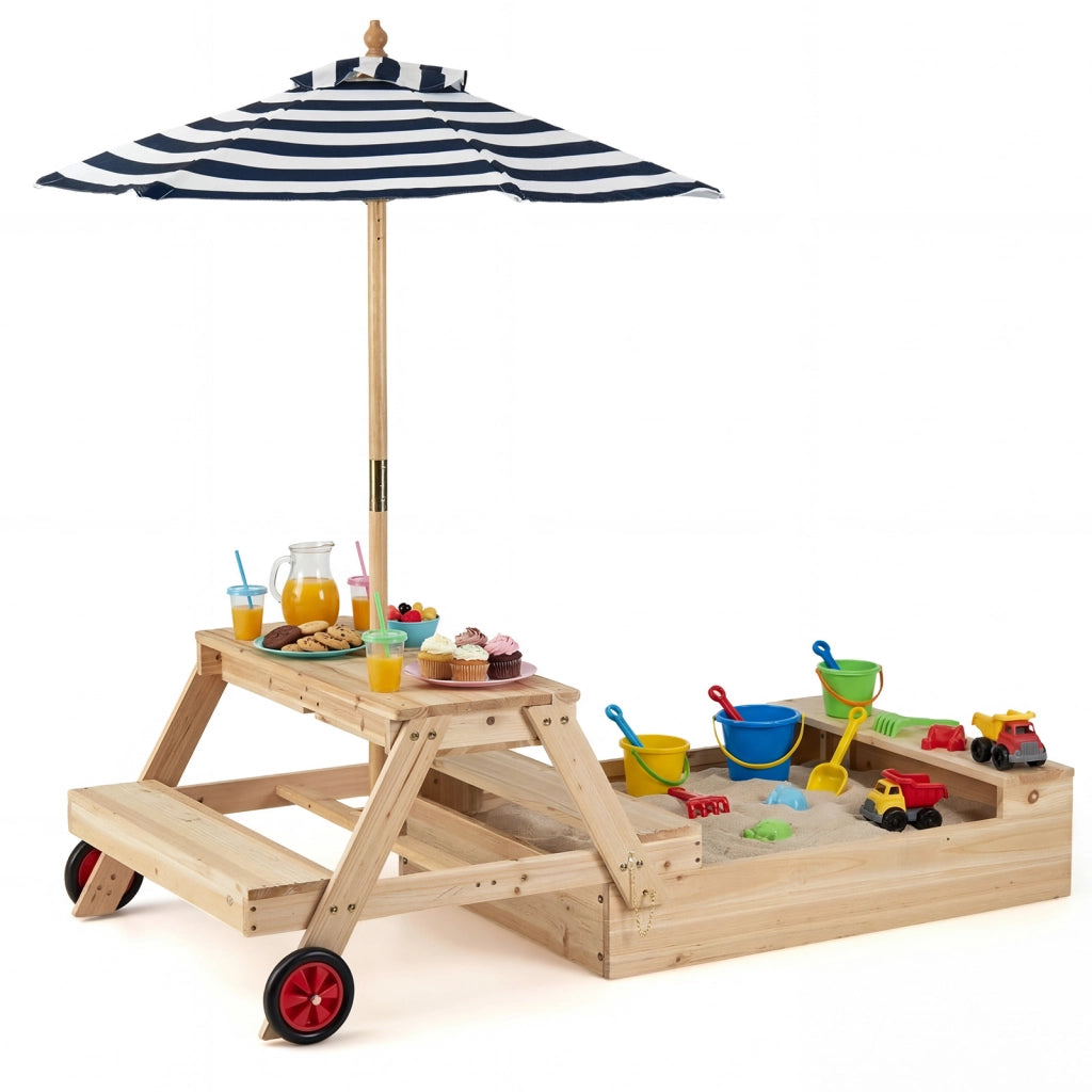 3 in 1 Sabbiera in legno con panche ombrellone rimovibile e regolabile e ruote, Tavolo da picnic per bambini trasformabile