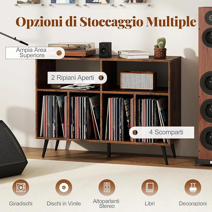 Supporto per Giradischi, Mobiletto per Giradischi a 3 Livelli con Scaffali per Vinili, Tavolino per Dischi con 5 Gambe, Scaffale Espositivo per Soggiorno, Sala Musica (Marrone)