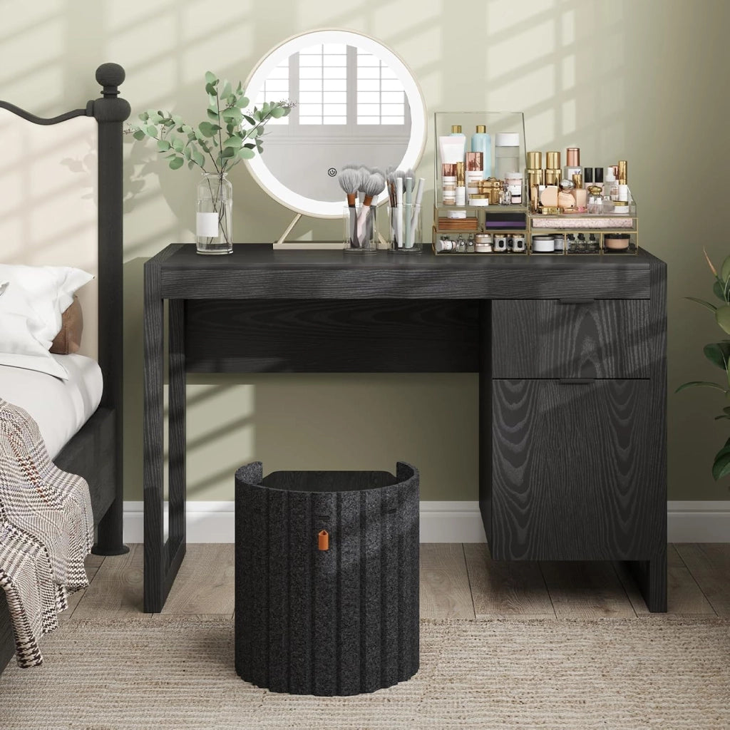 Scrivania per Computer, Scrittoio per Studio Moderno con Cassetto e Armadietto Spazioso in Legno Solido, per Ufficio/Casa, Portata di 70kg, 112,5x 50x75cm, Bianco (Nero)