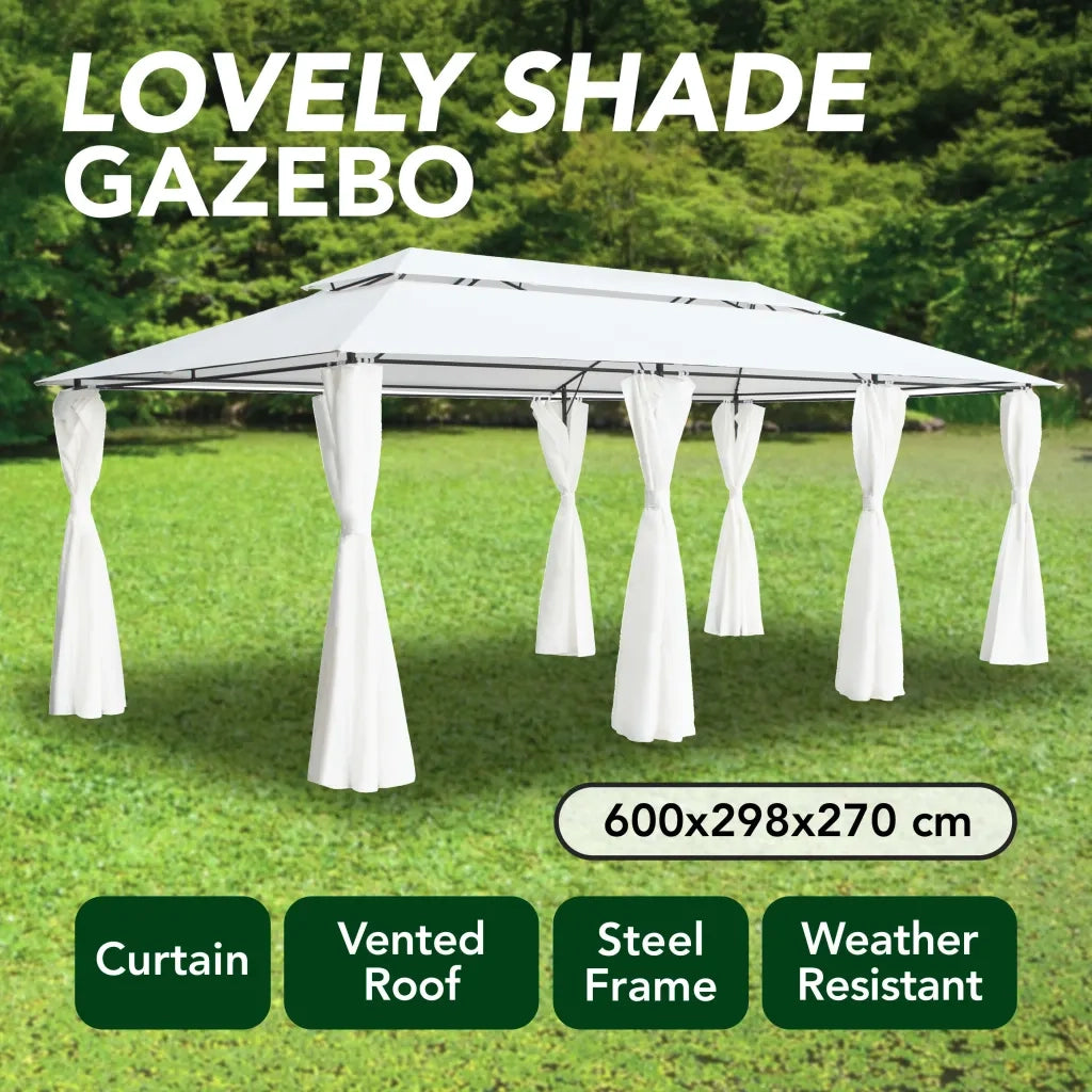 Gazebo con Tende 600x298x270 cm Bianco 180g/mÂ²
