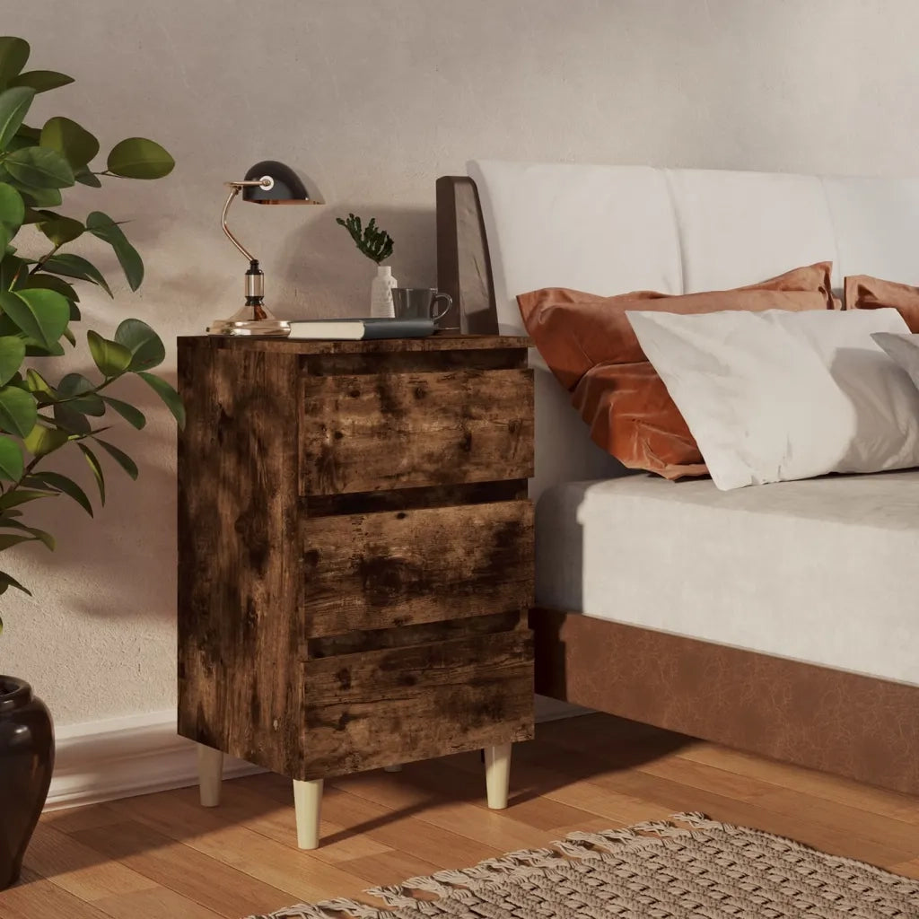 Comodino | Armadio da Notte | Mobiletto da notte con Gambe in Legno Massello Rovere Fumo 40x35x69 cm