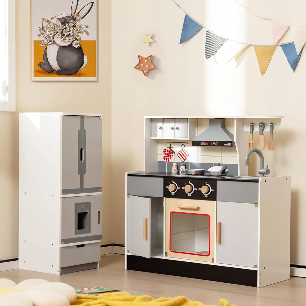 Cucina per Bambini in Legno con Funzione Luci e Suoni, Frigorifero, Macchina del Ghiaccio, Forno, Microonde, Lavello e Rubinetto, 3+ Anni