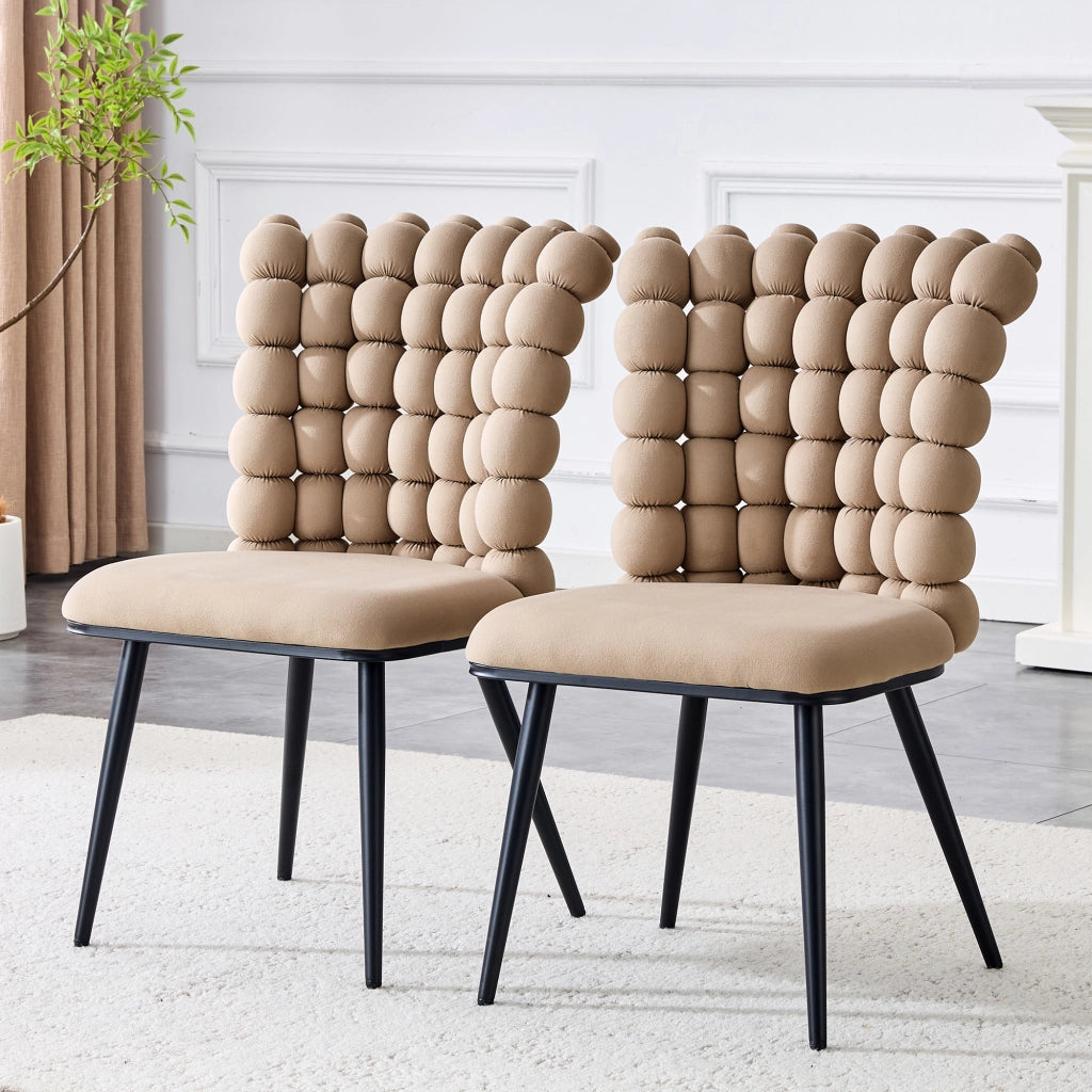 Sedia da Pranzo con Schienale a Catena di Sfere, Design Moderno, in Velluto e Metallo, Cammello