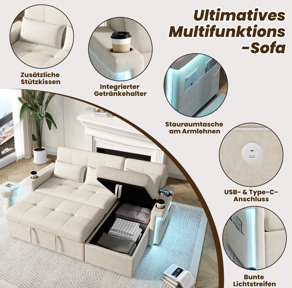 Divano letto angolare 209x141;5x90 cm in ciniglia beige con LED; USB e USB-C