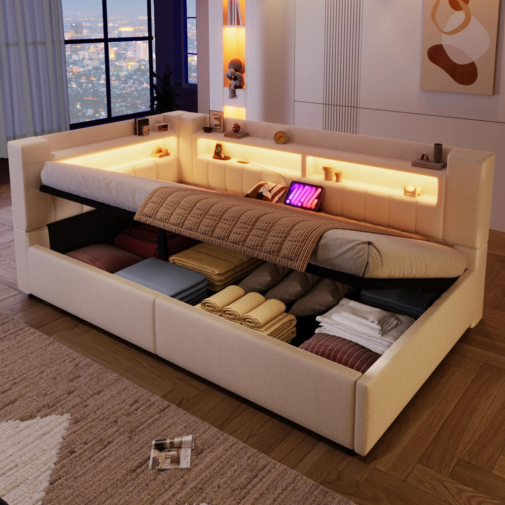 Letto divano contenitore 90x200 cm in lino beige con apertura idraulica; LED; USB e USB-C